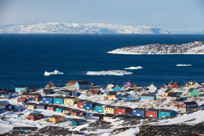 Disko Bay Greenland, colourful houses along icy coastal settlement, landscape photography – Sean Scott Photography