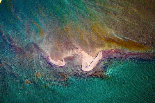 Australia coastline, vibrant abstract colours blending ocean and reef textures, aerial photography – Sean Scott Photography