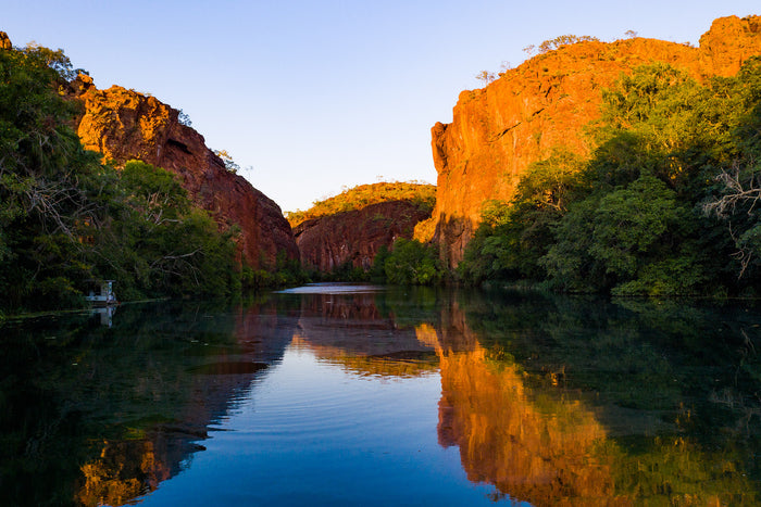 Lawn Hill National Park Queensland Australia, river reflecting warm sunset through gorge, landscape photography – Sean Scott Photography