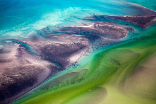 Australia coastline, flowing abstract reef and sand patterns in vibrant colours, aerial photography – Sean Scott Photography
