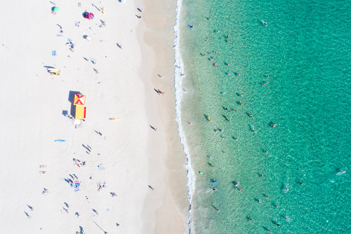 Burleigh Heads Gold Coast Australia, beachgoers scattered along shoreline from above, aerial photography – Sean Scott Photography