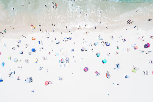 Burleigh Heads Gold Coast Australia, beachgoers scattered across sandy shoreline from above, aerial photography – Sean Scott Photography