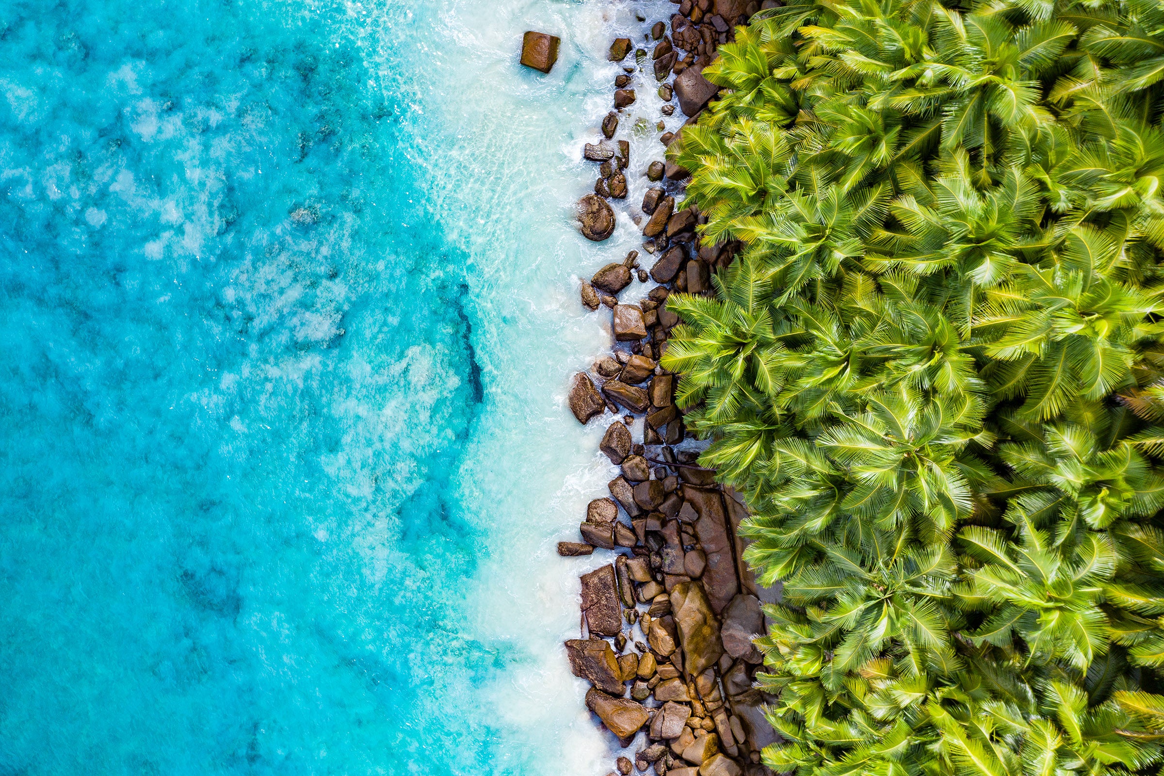 Seychelles, tropical island with palm trees and turquoise shoreline, aerial photography – Sean Scott Photography