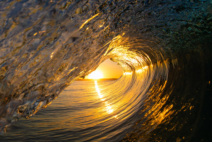 Gold Coast Australia, glowing golden ocean wave forming barrel, underwater photography – Sean Scott Photography