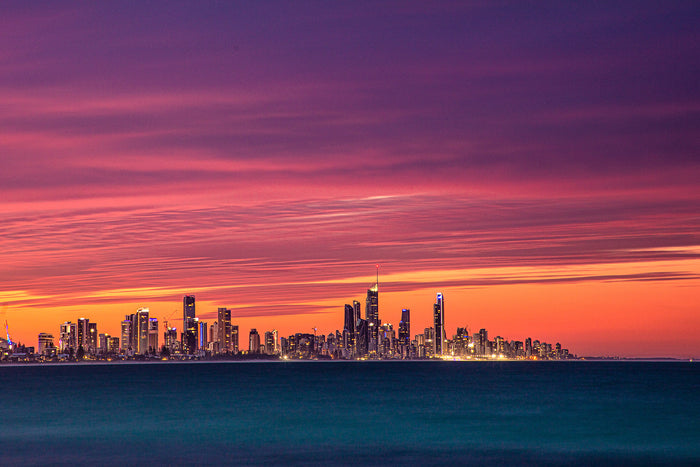 Surfers Paradise Gold Coast Australia, skyline glowing at sunset over the ocean, landscape photography – Sean Scott Photography