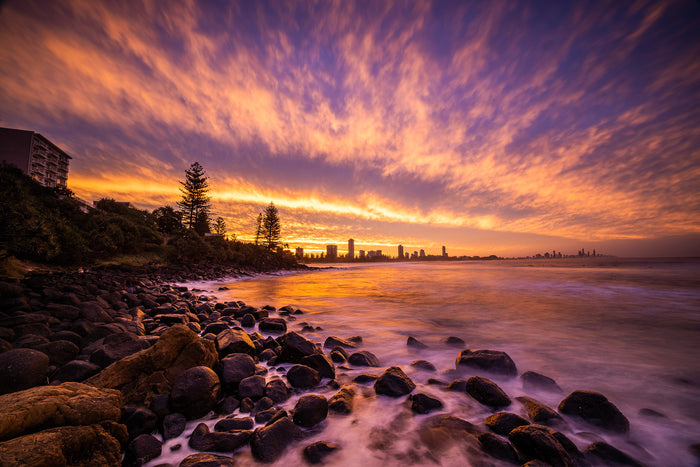 Burleigh Heads Gold Coast Australia, colourful sunset sky over ocean and headland, landscape photography – Sean Scott Photography