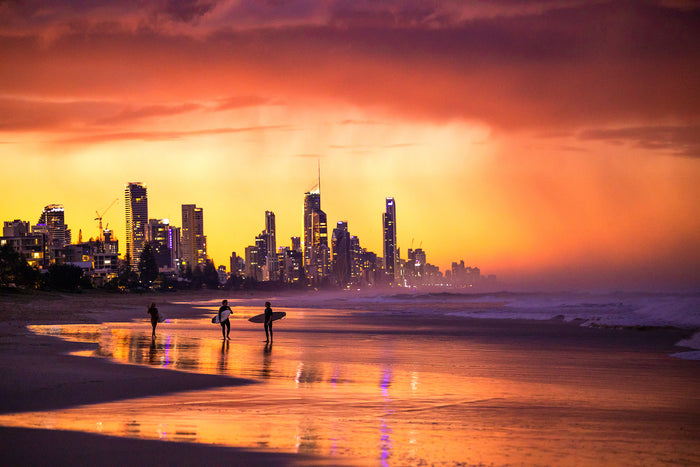 Surfers Paradise Gold Coast Australia, surfers silhouetted against colourful sunset skyline, landscape photography – Sean Scott Photography