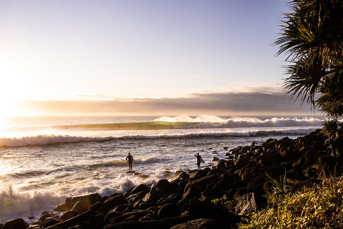 Burleigh Heads Gold Coast Australia, surfers waiting in lineup at sunrise, aerial photography – Sean Scott Photography