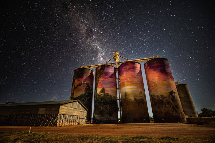 Australian Outback, rural grain silos under night sky, landscape photography – Sean Scott Photography