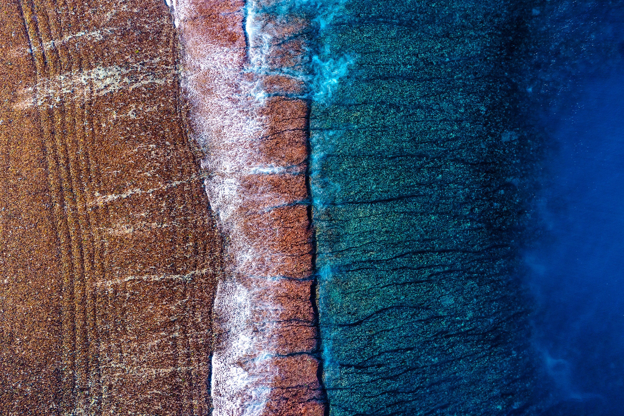 Ningaloo Reef Western Australia, vibrant coral reef and deep blue ocean patterns, aerial photography – Sean Scott Photography