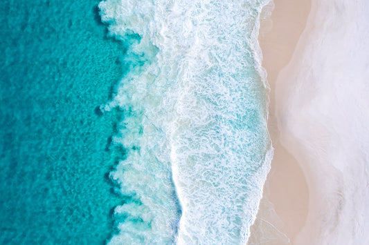 Turquoise ocean and white sand shoreline, abstract aerial patterns of waves and beach, aerial photography – Sean Scott Photography