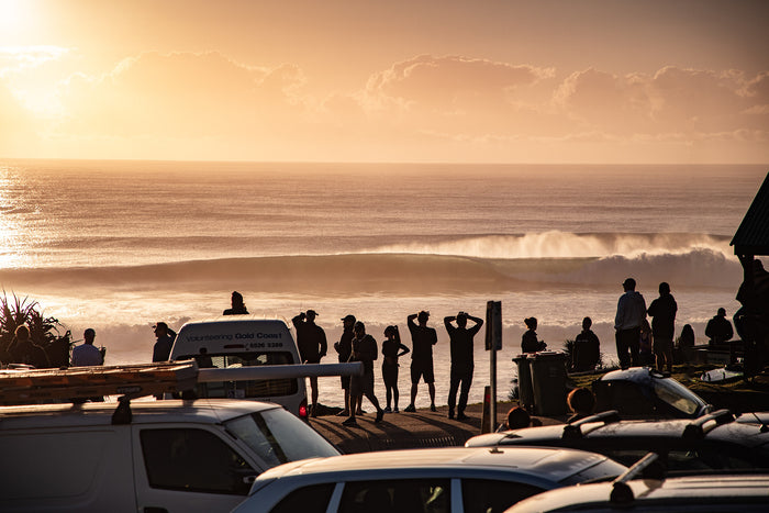 Burleigh Heads Gold Coast Australia, sunrise lighting surfers and waves along the beach, landscape photography – Sean Scott Photography